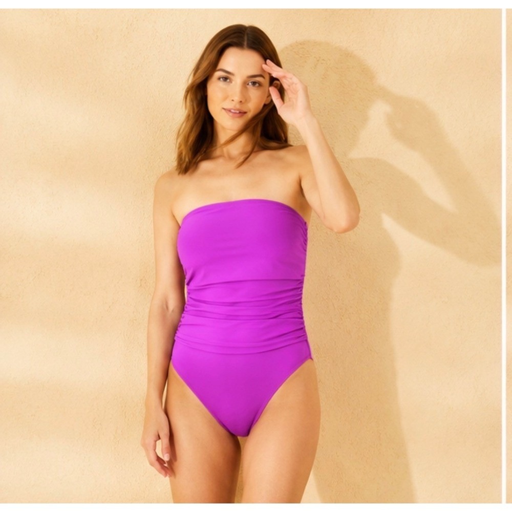Ribbed Bandeau One Piece Swimsuit High Leg Cheeky Removable Strap PINK XL